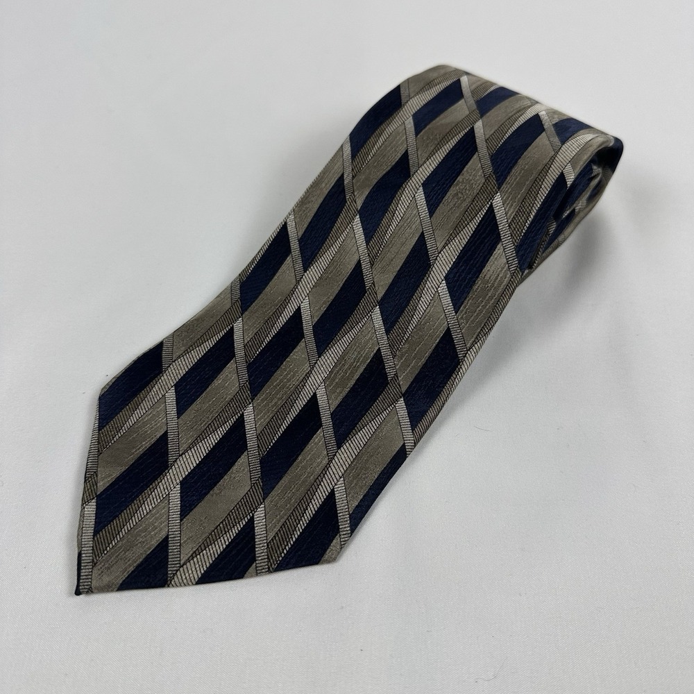 Pierre Cardin Silk Tie Vintage Silver Navy Stripe Geometric Made In USA 4"W 58"L